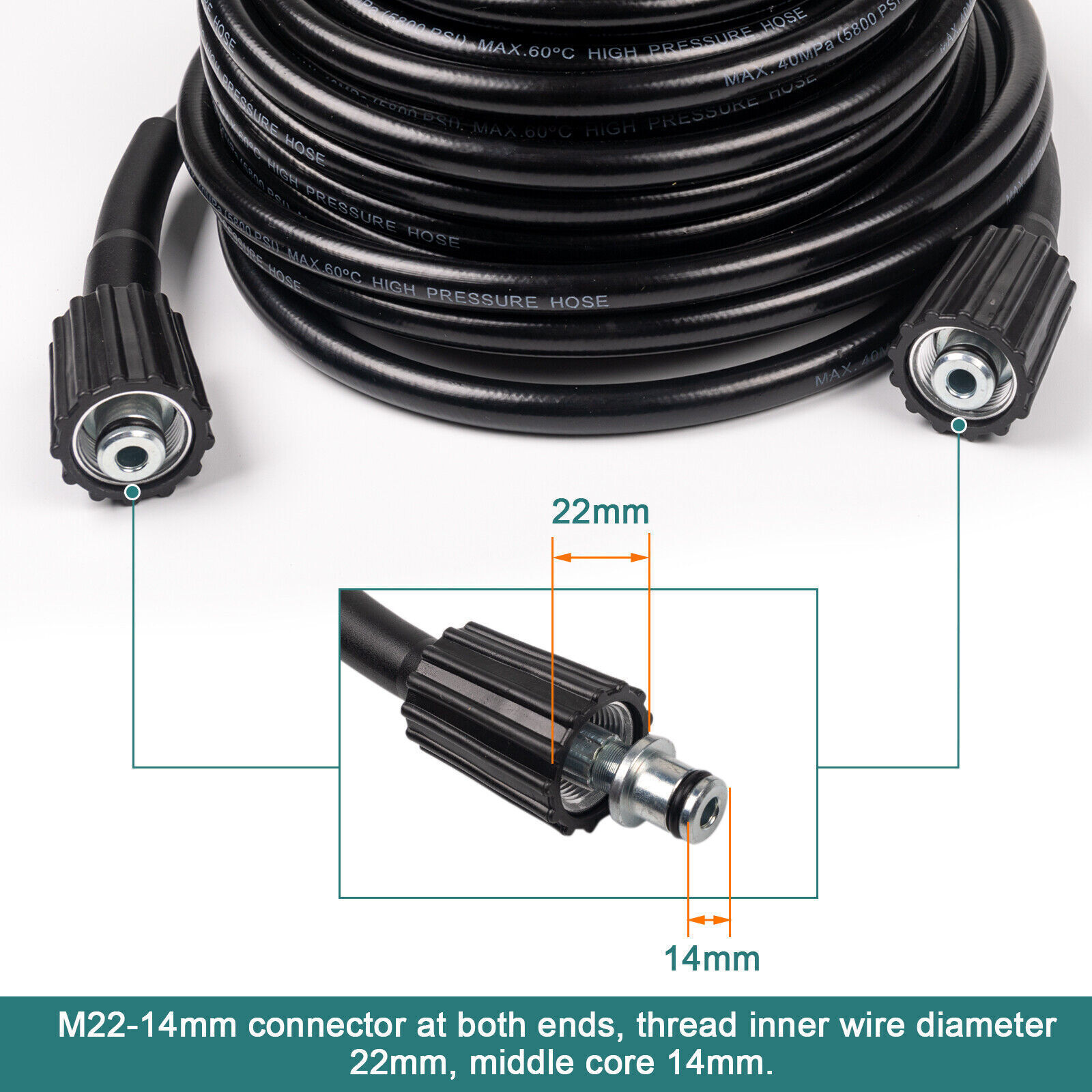 50 FT High Pressure Washer Hose 5800 PSI M22-14MM Power Washer Extension Hose US