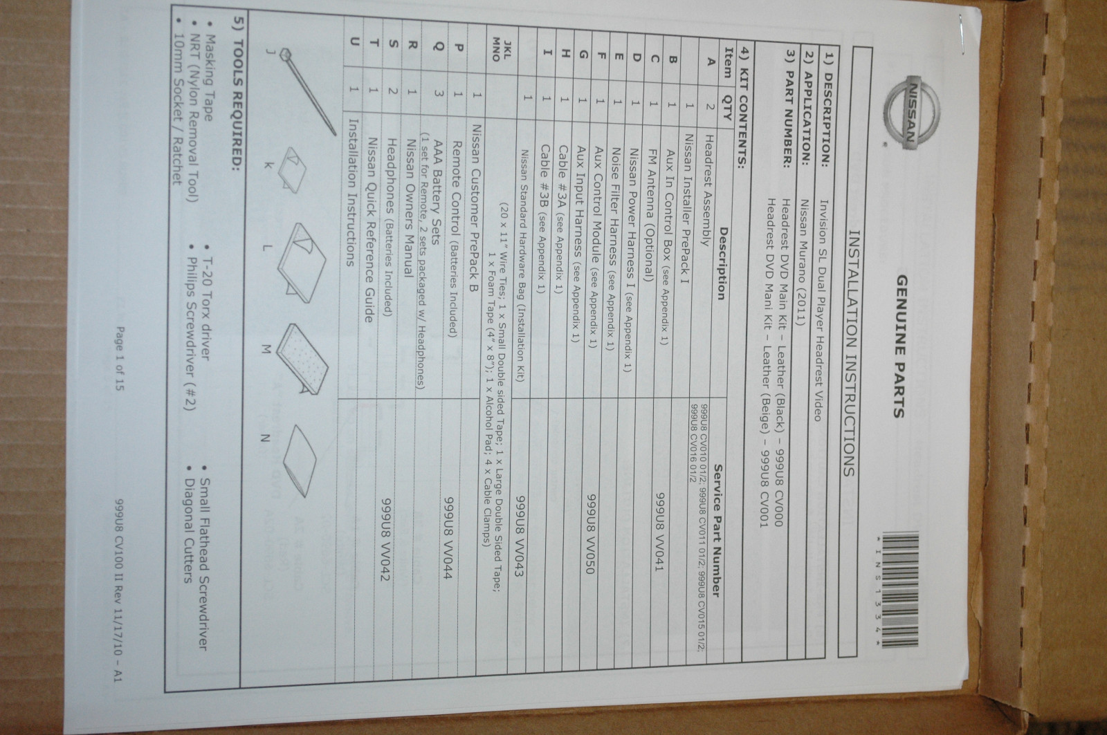 Authentic Nissan Headrest DVD Beige leather Murano 999U8-CV001 2009-2015