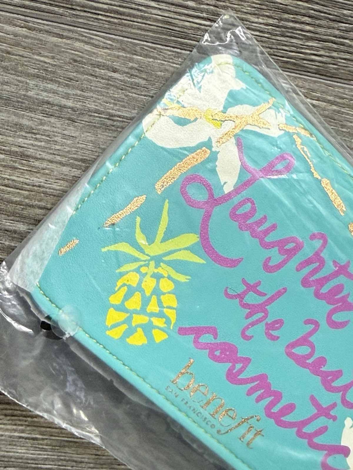 Benefit Luggage Tag Laughter is the Best Cosmetic Tropical Pink Blue NIB