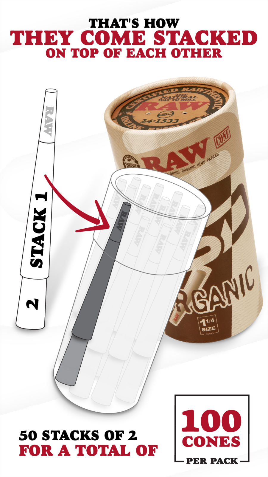 RAW Organic 1 1/4 Size Pre-Rolled Cones | 100 Pack | Slow Burning Papers