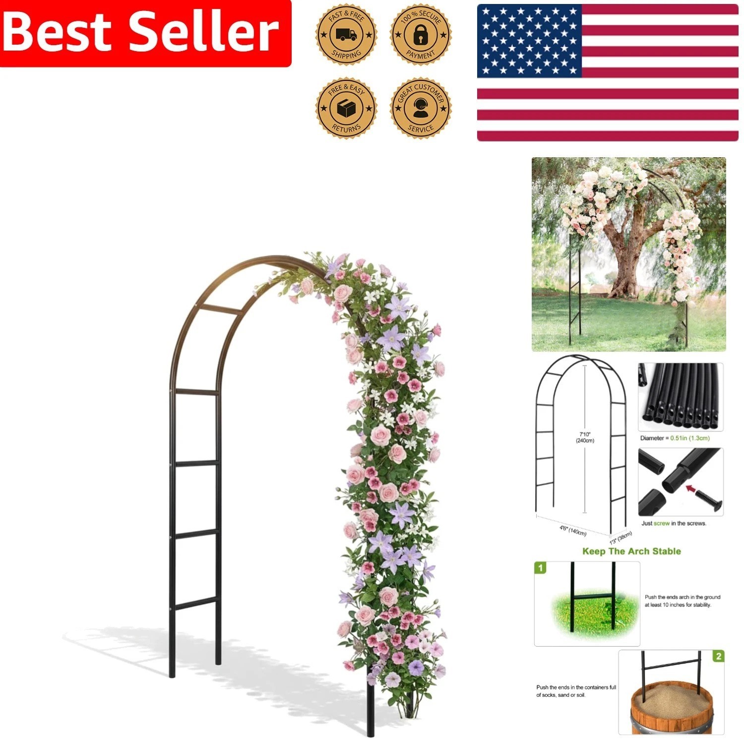 Stunning 4.6ft Wide Metal Garden Arch for Weddings & Climbing Plants Decoration