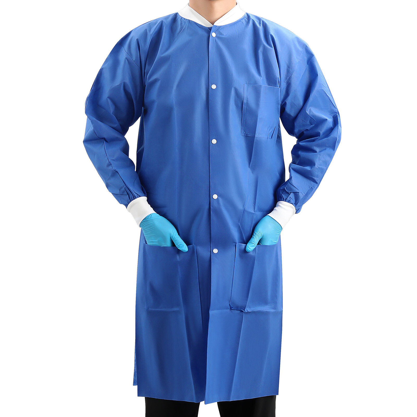 JMU Dental Disposable SMS Lab Coat Knee Length 3 Pockets Medical S-XL Knit Cuffs