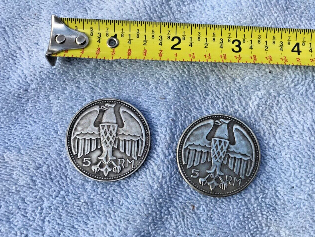 Lot of 2 - 1935 5 REICHSMARK GERMAN FUHRER & SKULL FACE WWII COMMEMORATIVE COIN