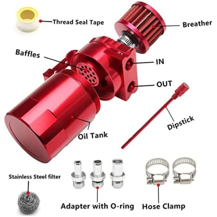Polish Baffled Reservoir Oil Catch Can Kit with Breather Filter Aluminum Red