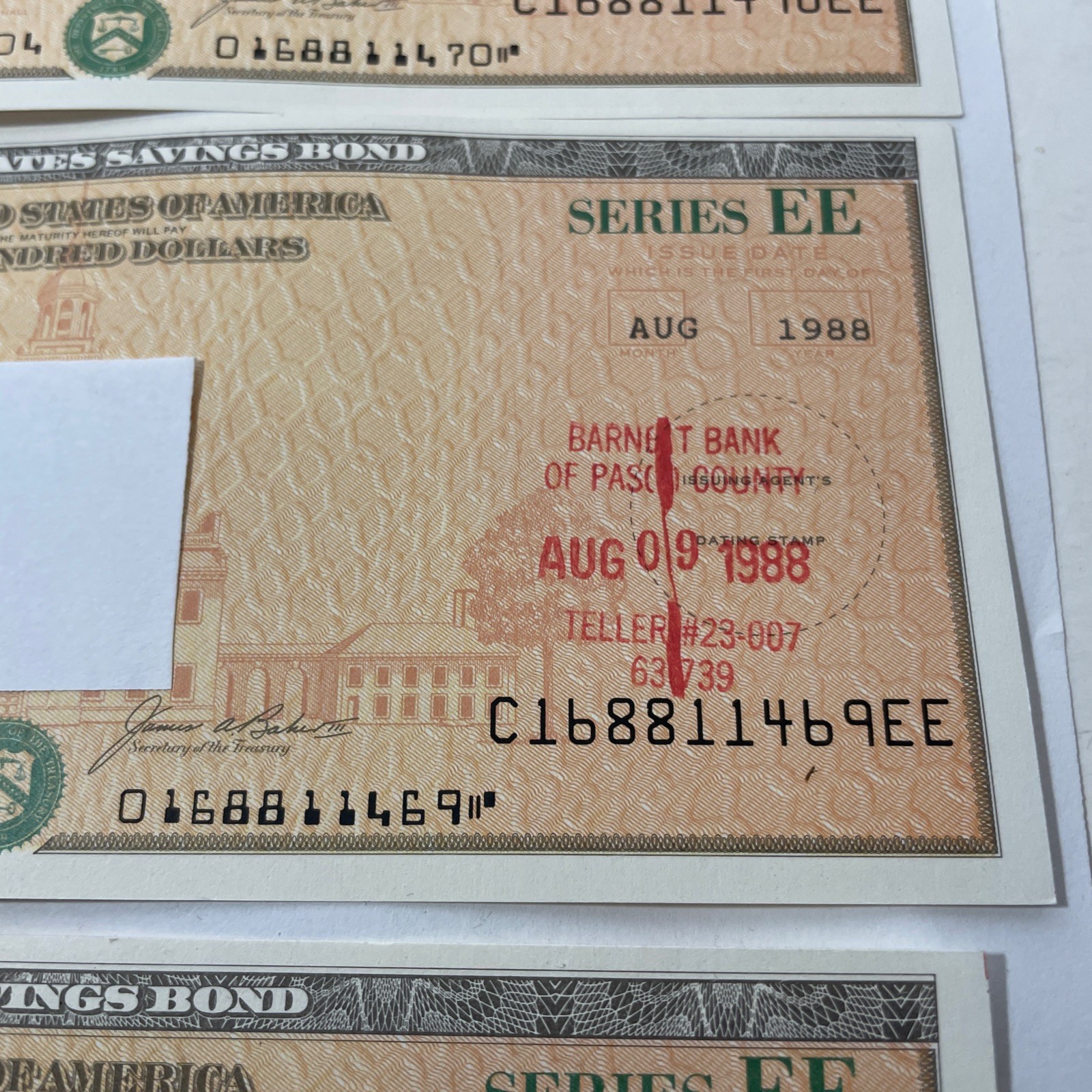 US 1988 Savings Bond Series EE $100 Dollar Jefferson Unsigned Lot 3 Consecutive