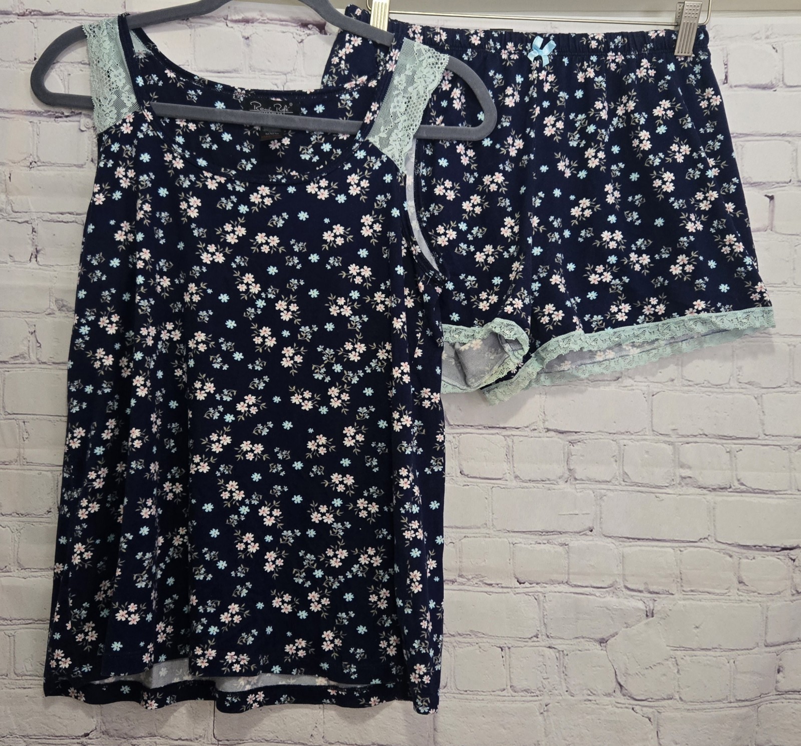 Rene Rofe Sleep Set Lace Tank Top Sz M Navy Blue Floral Pjs Pajamas Lounge SOFT
