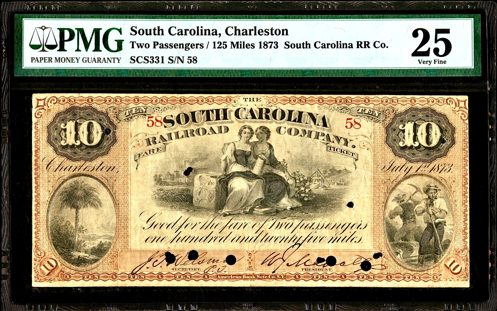 1873 South Carolina Rail Road RR Co. $10 Dollar Obsolete Banknote PMG VF25