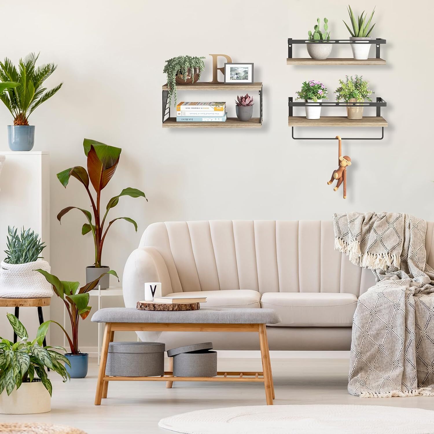 3+1 Floating Bathroom Shelves – Over Toilet Wall Mount w/ Towel Bar, Rustic