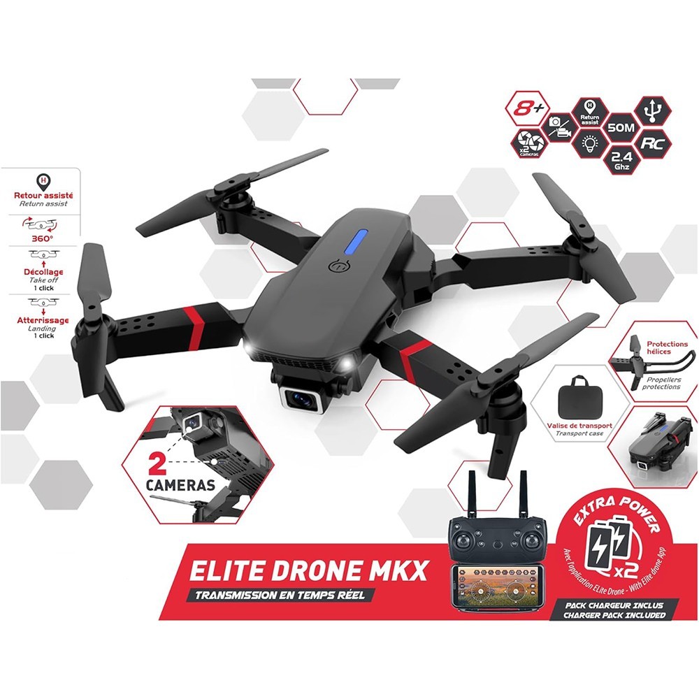 Turbo Challenge Elite Drone MKX Quadcopter 2 Cameras Foldable 360° Flip 2Battery