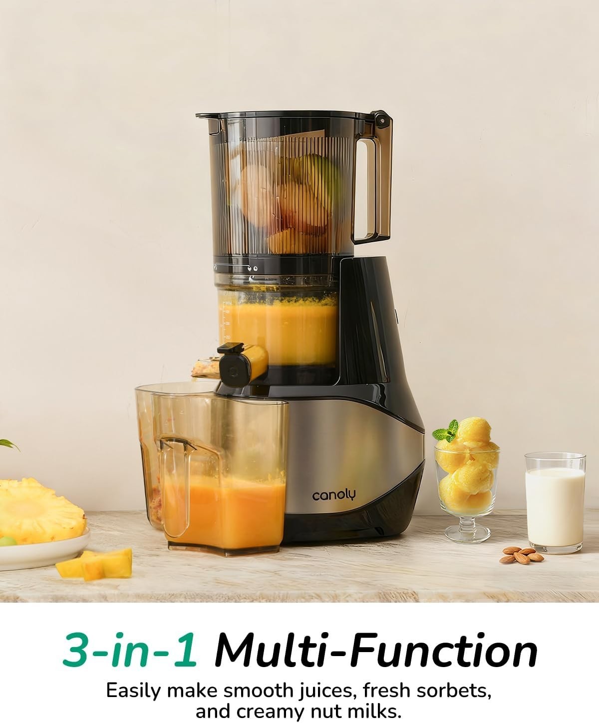 Canoly C09 Cold Press Juicer, 6" Extra Wide Feed Chute, 3-IN-1 Strainers (Juice