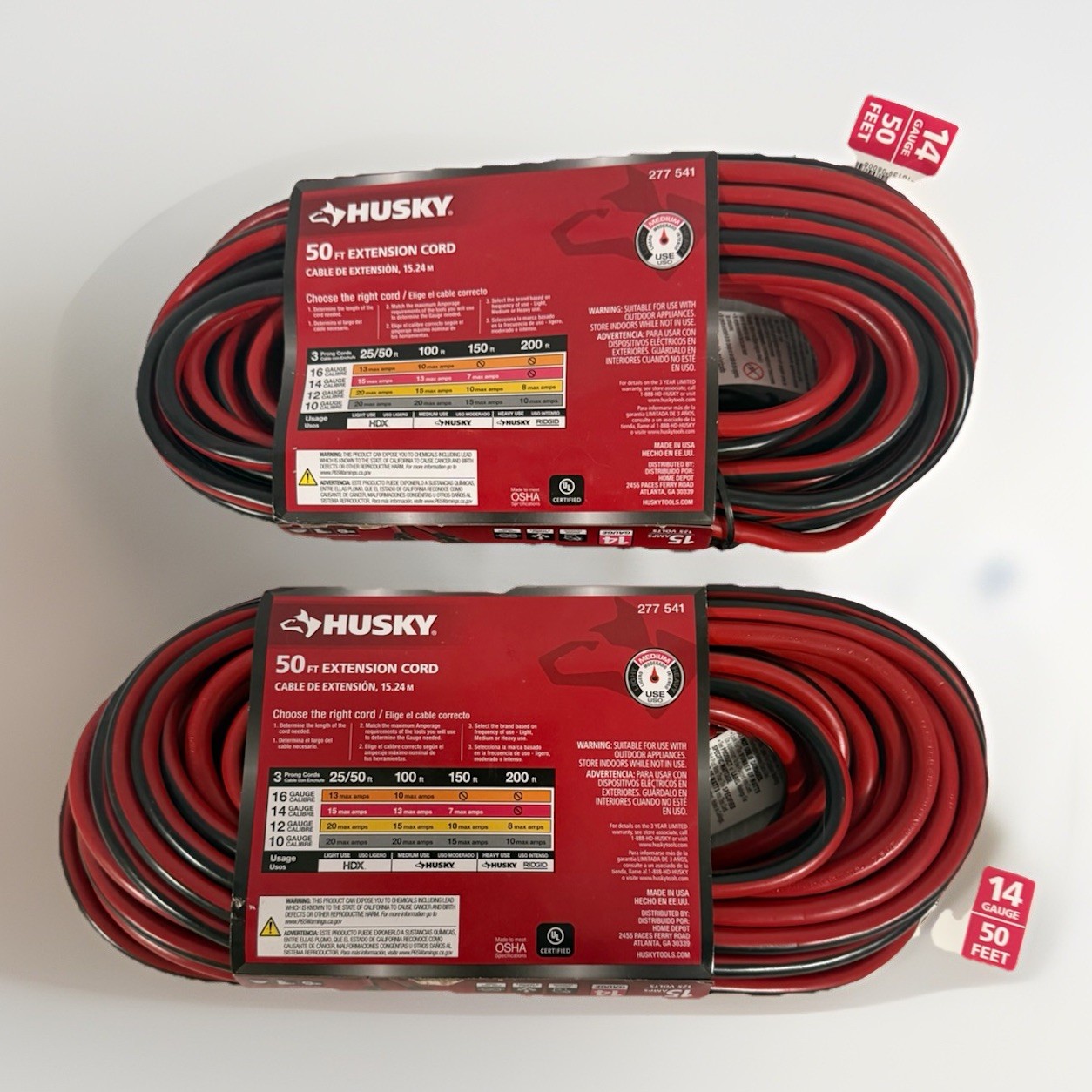 (2 Pack Husky) 50 ft. 14 Gauge Medium Duty Indoor/Outdoor Extension Cord 277541