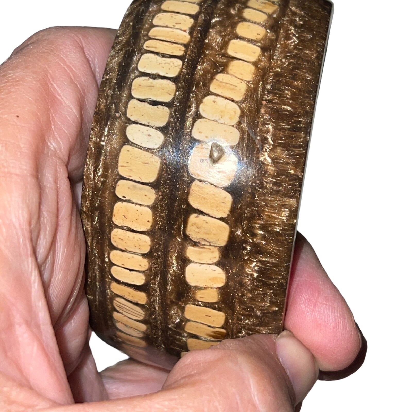 Wood or Cork in Resin Metal Flake Cuff Bracelet Pre-Owned