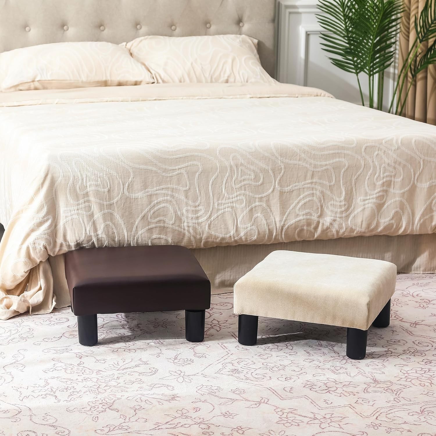 Compact Square Fabric Footstool Ottoman 15" Wheat Mid-Century Modern Desk Accent