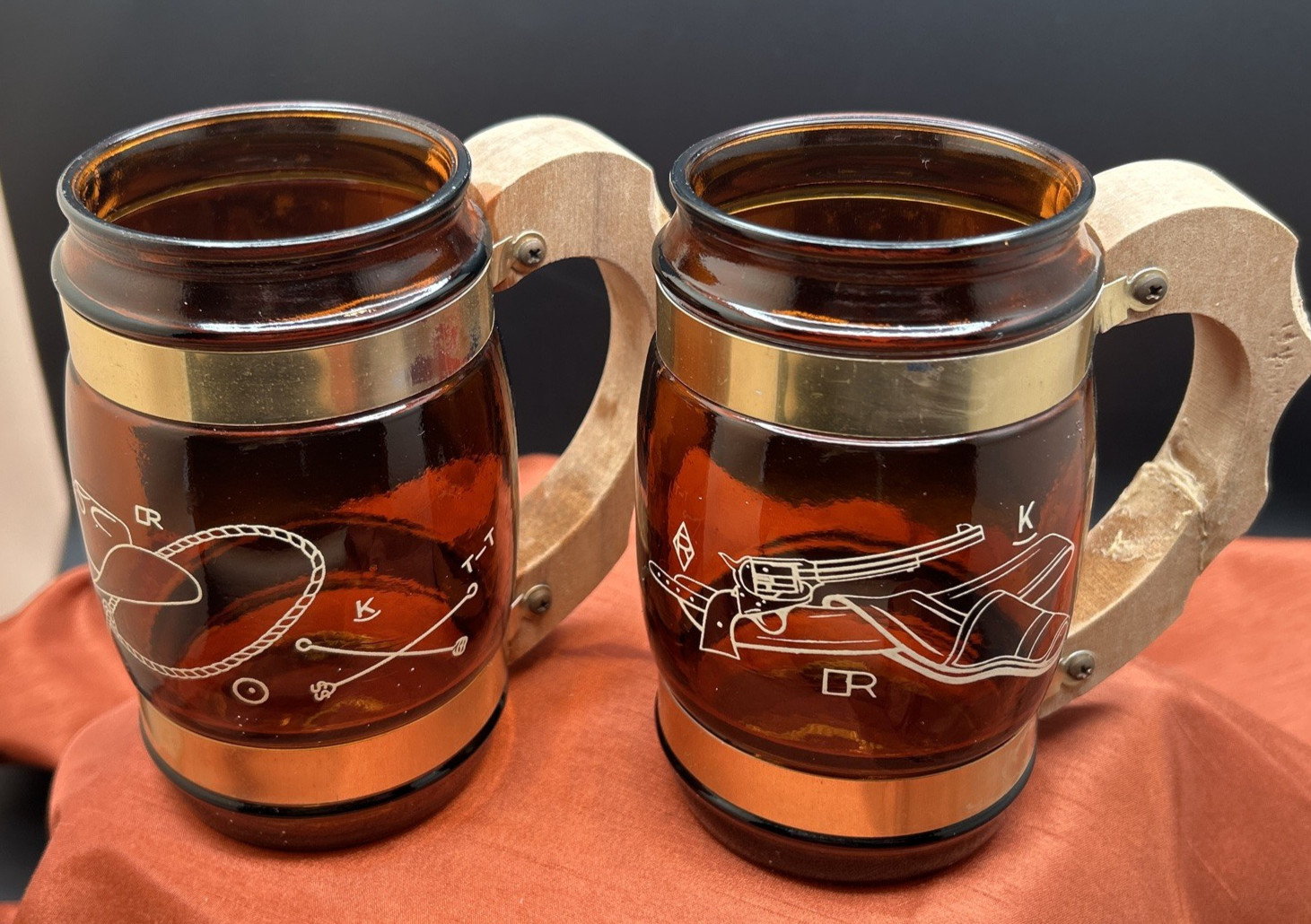 Vintage Siestaware Western / Wagon Wheel Bar Beverage Set with Caddy & Triangle