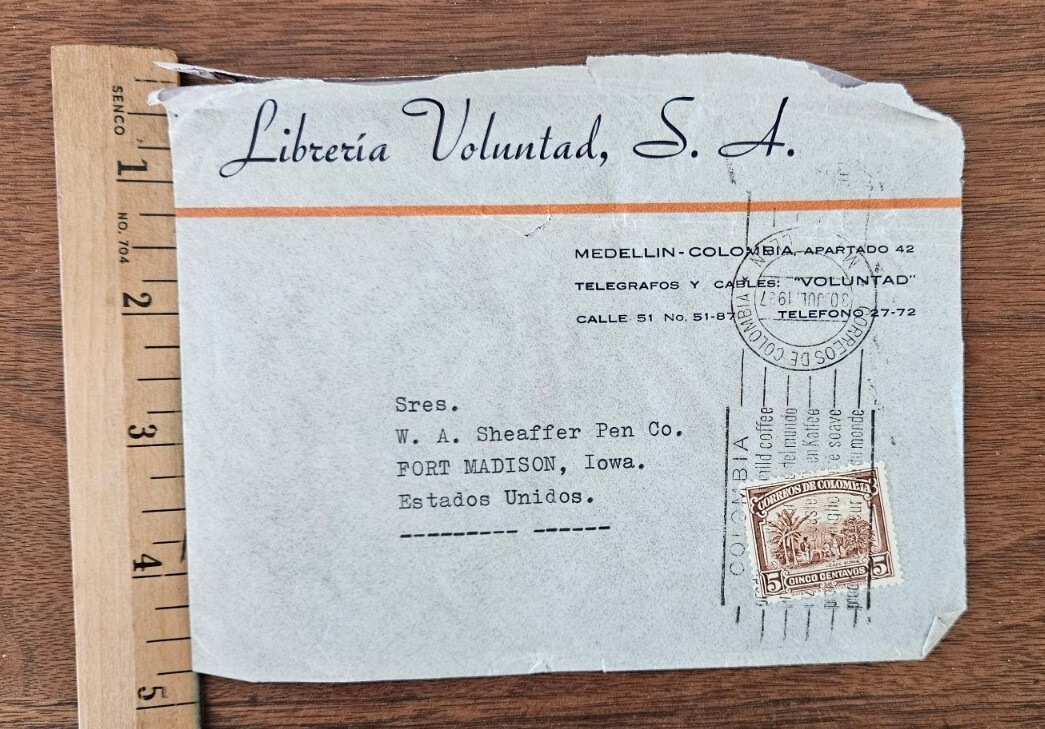 1937 Colombia to USA Envelope 5c Libreria Voluntad slogan cxl to Ft. Madison, IA