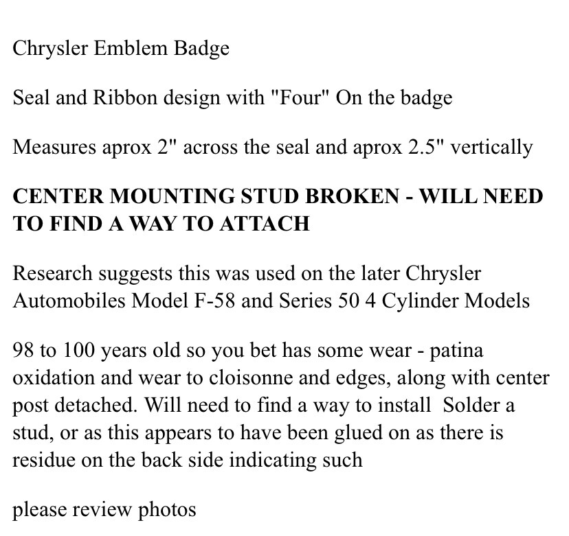1927 Chrysler Four Radiator Grille Badge Emblem Cloisonne Wear NO POST STUD
