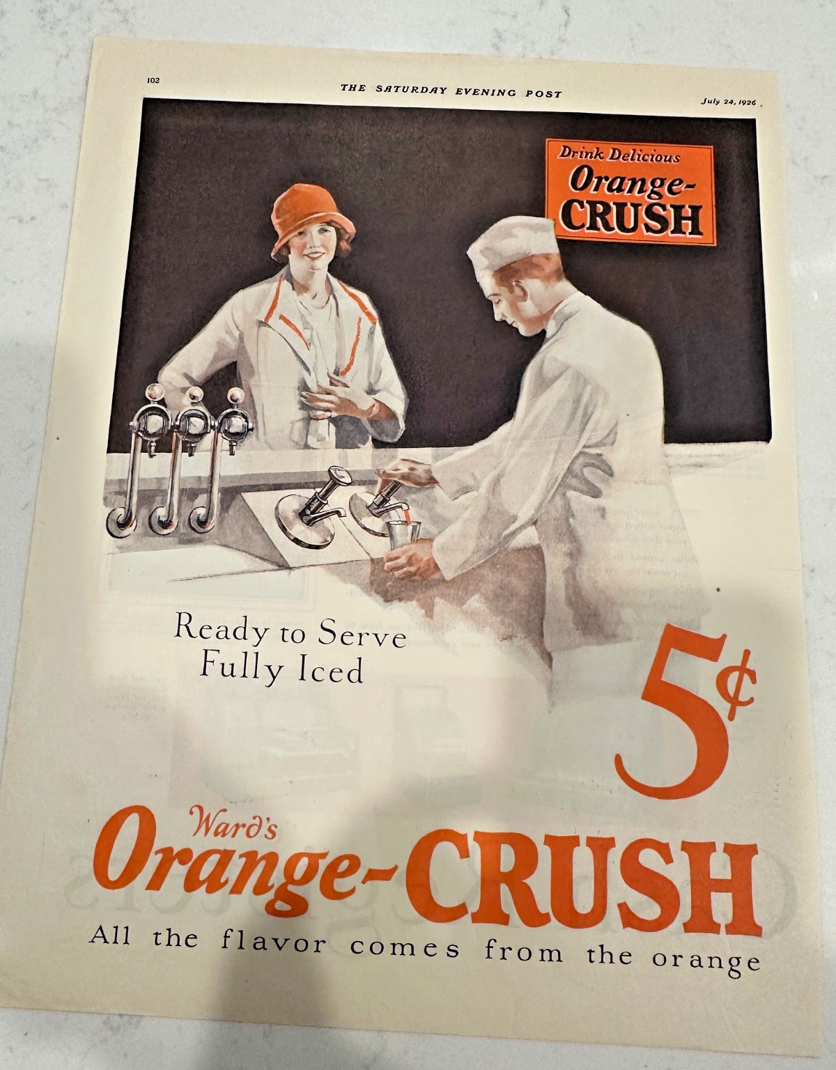 Ward's Orange Crush one-page ad Saturday Evening Post July 24, 1926