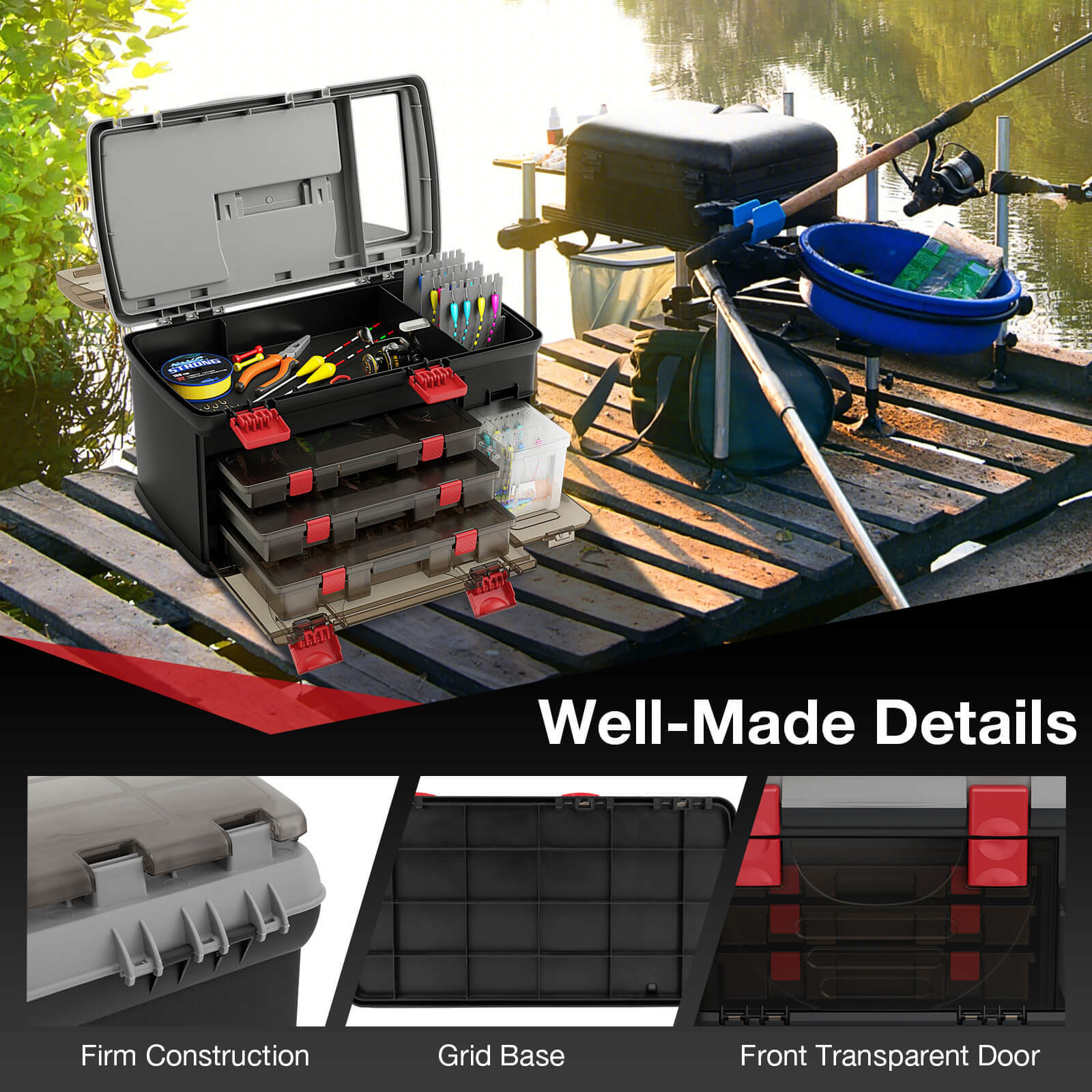 5 Layers Fishing Tackle Box w/ Dividers & Top Storage 3 Removable Utility Boxes