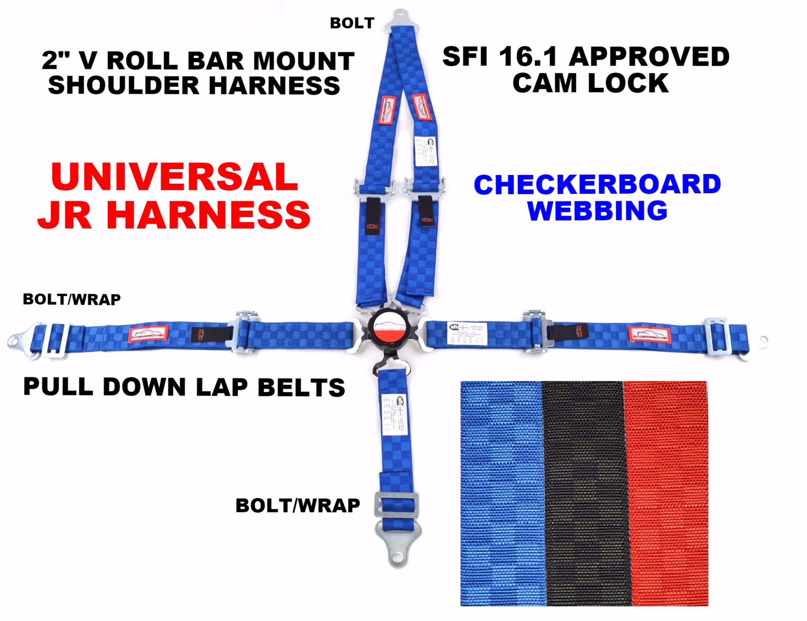 QUARTER MIDGET HARNESS CAM LOCK 2" SFI 16.1 UNIVERSAL V BELT BLUE CHECKERBOARD