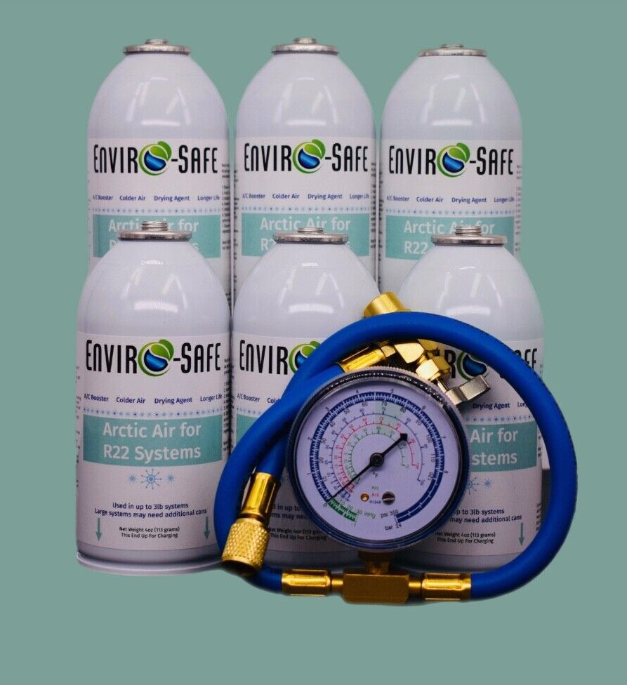 Arctic Air for R22 | 6 Cans + Brass Gauge  | 4oz EnviroSafe | Get Colder Air!