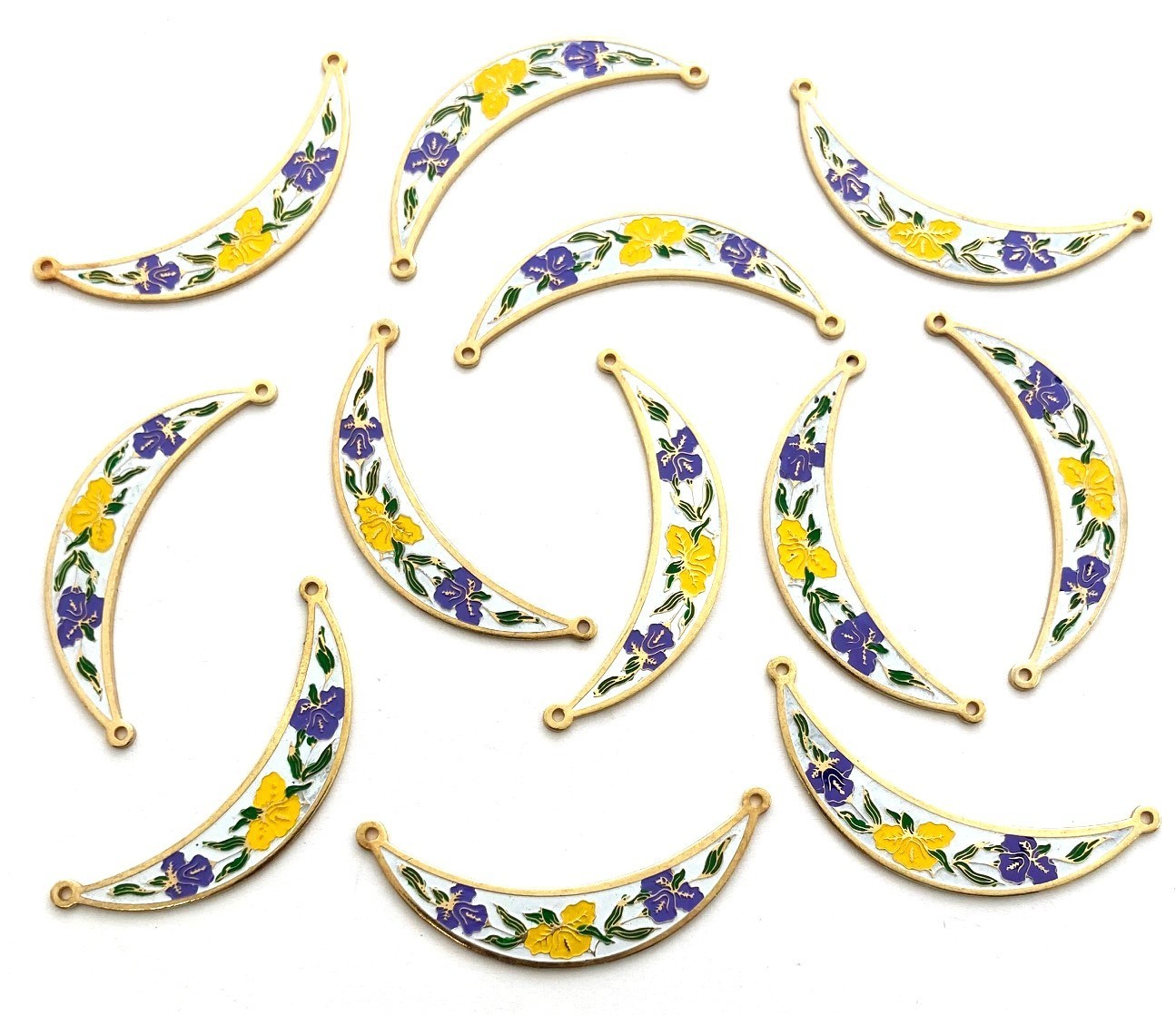 12 Vintage Yellow Purple Flowers White Crescent 2-Loop Connector Pendants 5190P