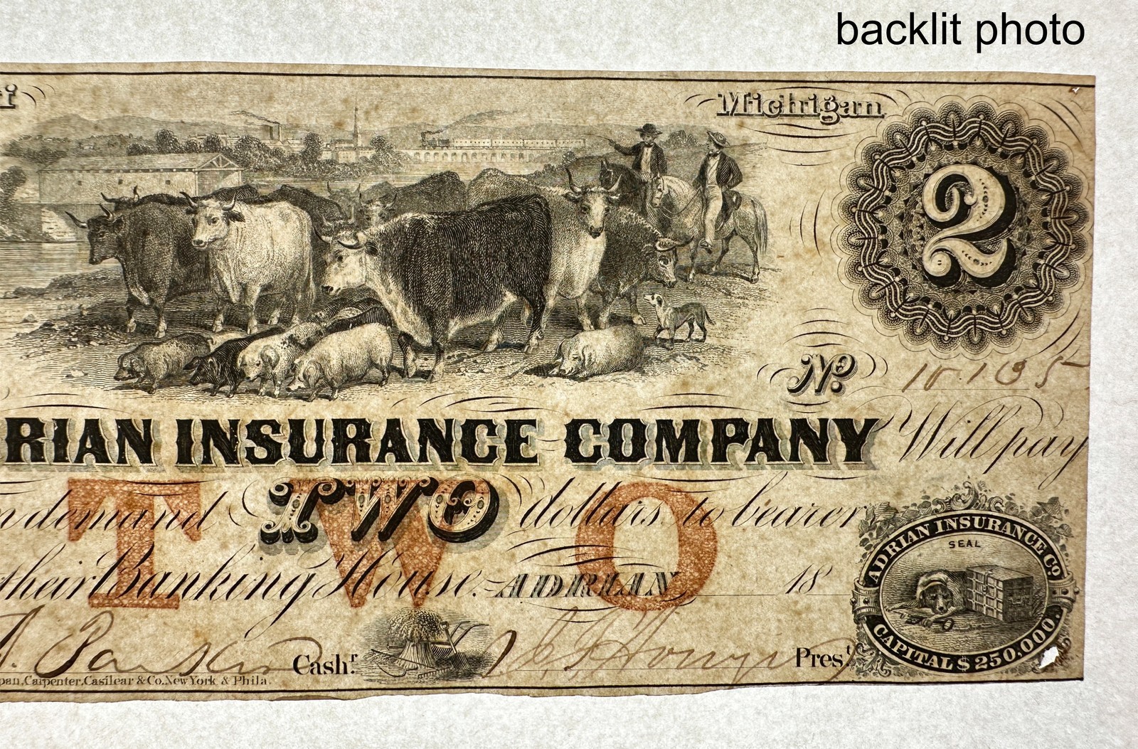 1853 $2 Adrian Insurance Company Michigan Obsolete Bank Note Two Dollars Bill MI