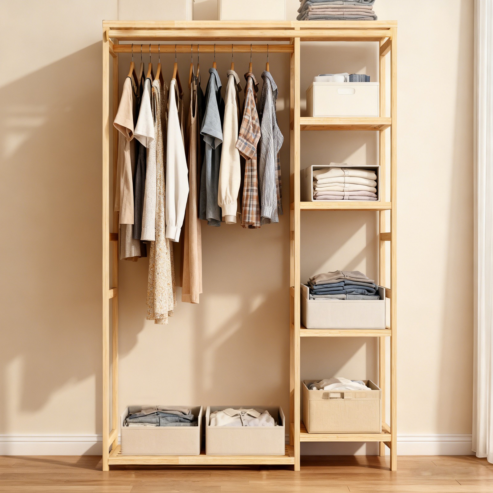 Extra Large Garment Rack Solid Bamboo Clothes Wardrobe Clothing Organizer Shelve