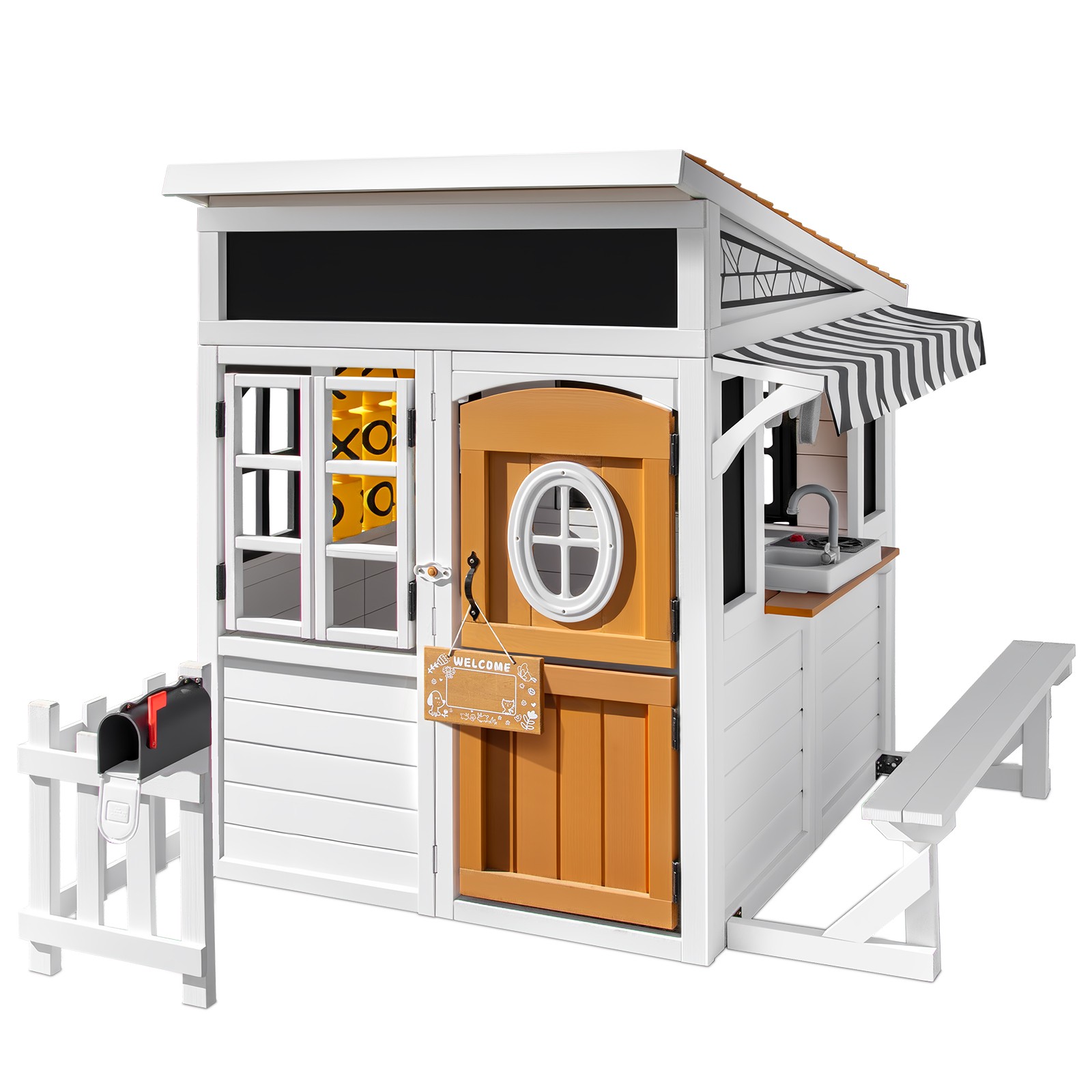 Kids Wooden Playhouse Outdoor Cottage Play Kitchen,Bench,Blackboard,Tic-Tac-Toe