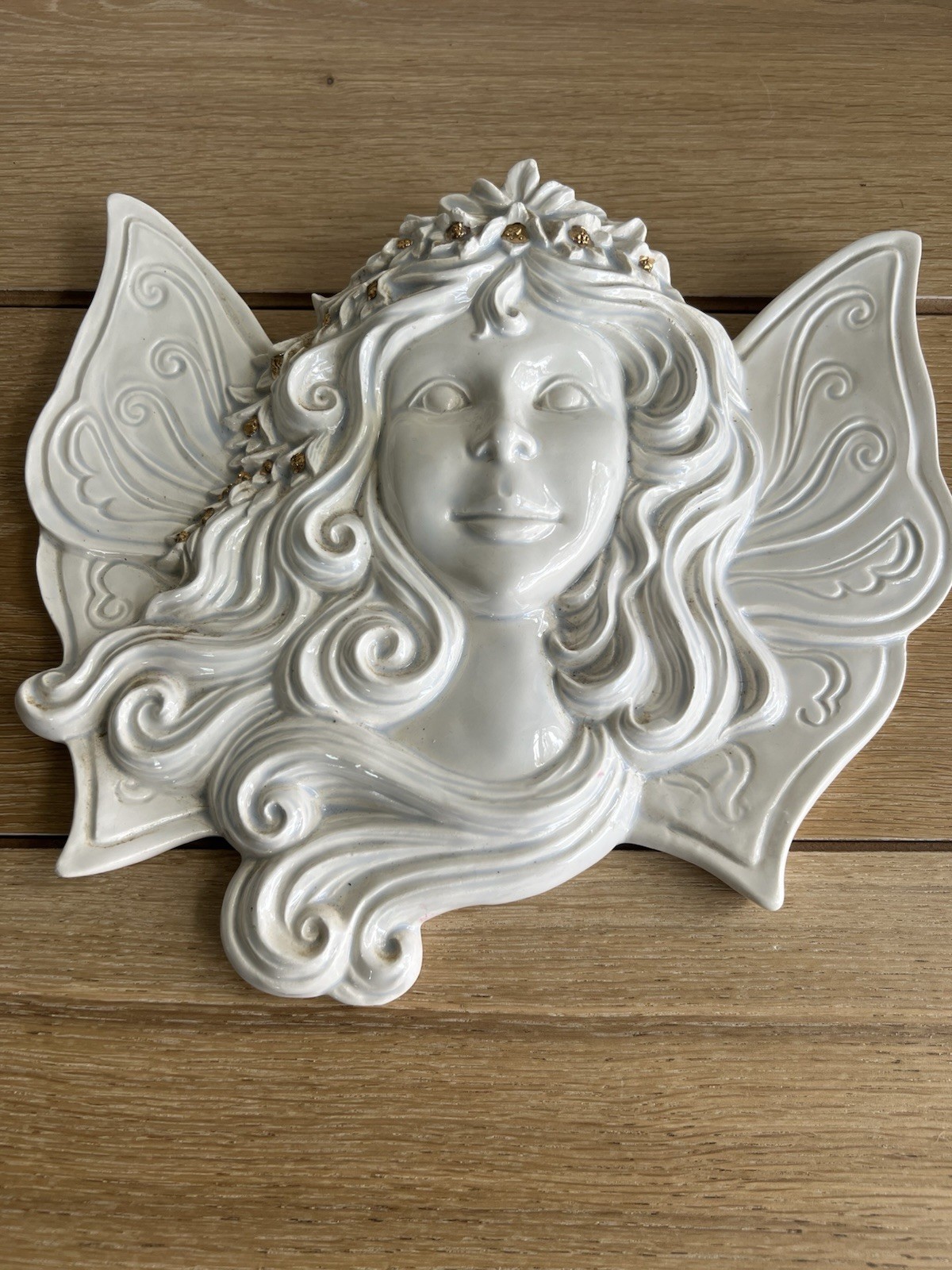 Vintage Ceramic Fairy Wall Plaque Angel Fairy Face Winged Decor Cottagecore