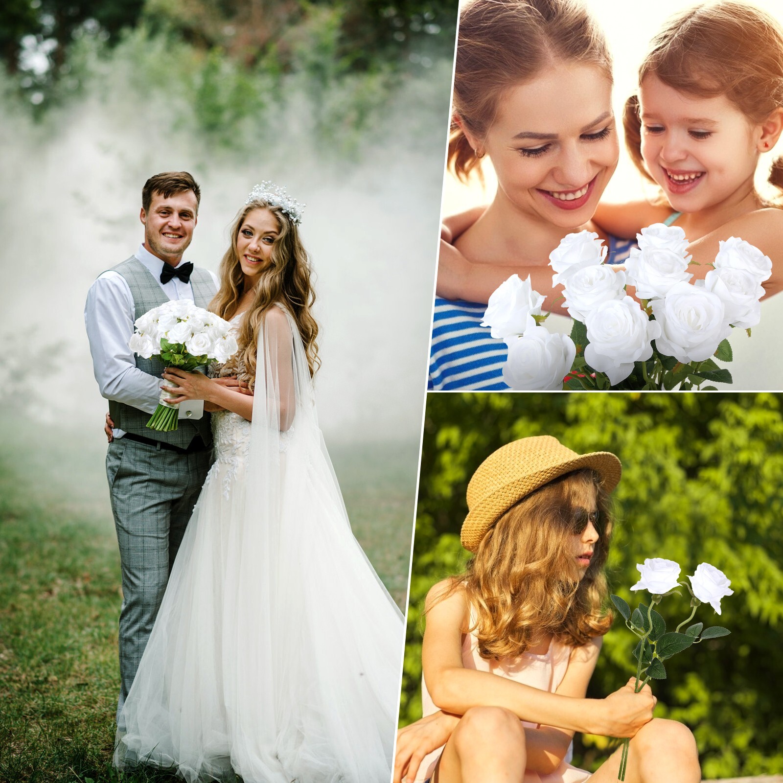 EZFLOWERY 12 Pcs White Silk Artificial Roses with Single Stems