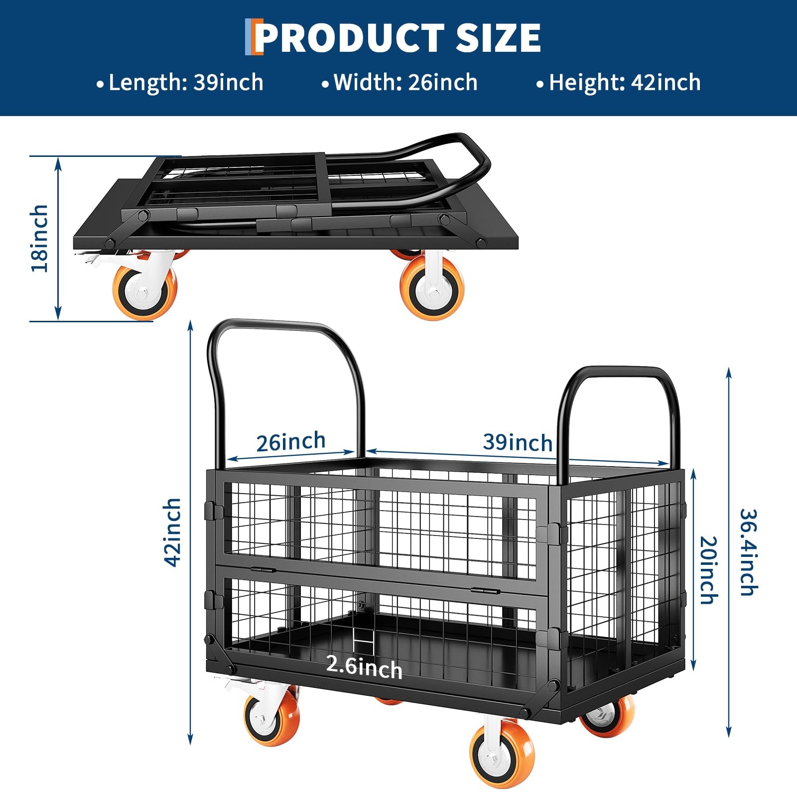 Platform Truck Cart with Cage 6 in 1 Heavy Duty Push Cart Dolly 1800LBS Capacity