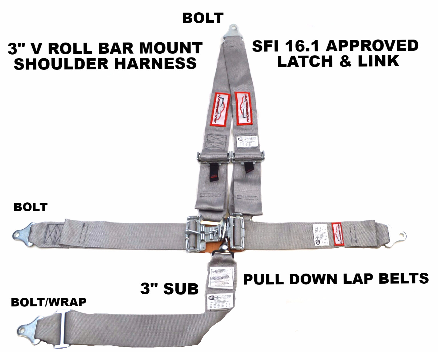 SFI 16.1 RACING HARNESS 5 POINT V MOUNT 3" LATCH & LINK RACERDIRECT GRAY