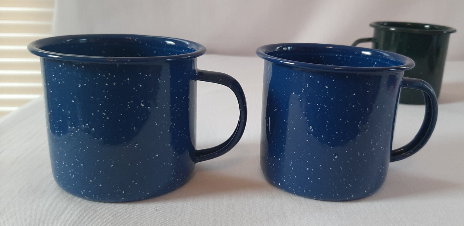 Coleman Blue Speckled Enamelware Camping Mugs Set of 2 Cups, plus a green mug
