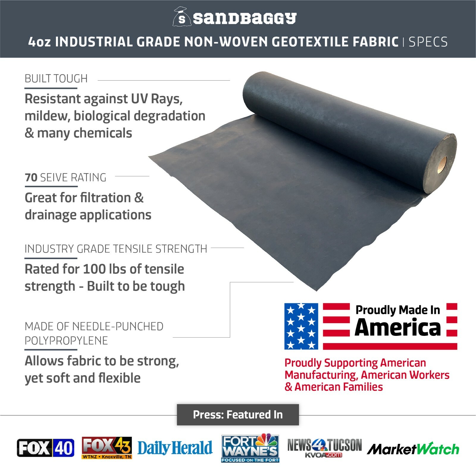 Sandbaggy Non Woven 4 oz Geotextile Landscape Fabric | 50 YEAR* | MADE IN USA