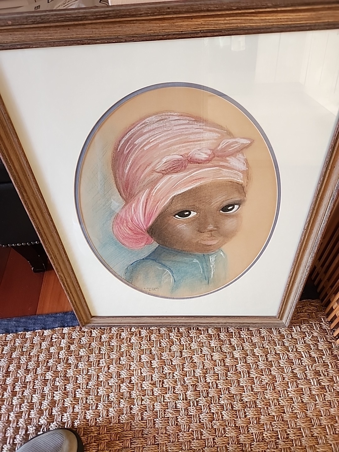 Young African American Girl Original Drawing Date 1983 Double Matted Under Glass
