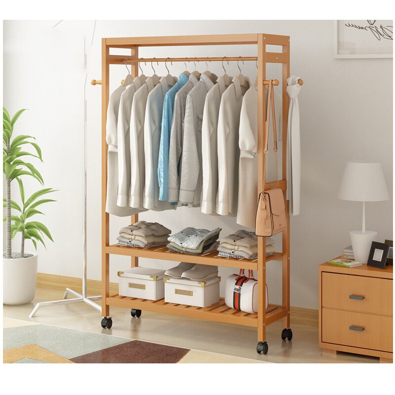 Bamboo Clothes Rail Rack Garment Storage Organizer Hanging Shelf On-Wheels DIY