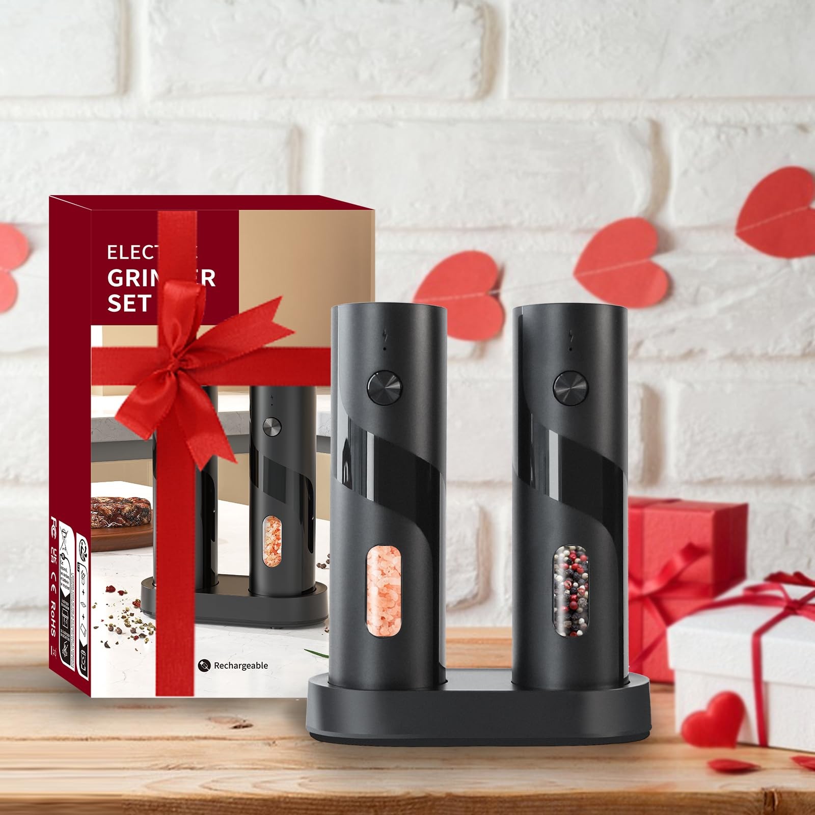 Electric Salt and Pepper Grinder Set Rechargeable with LED Pack of 2 with Base