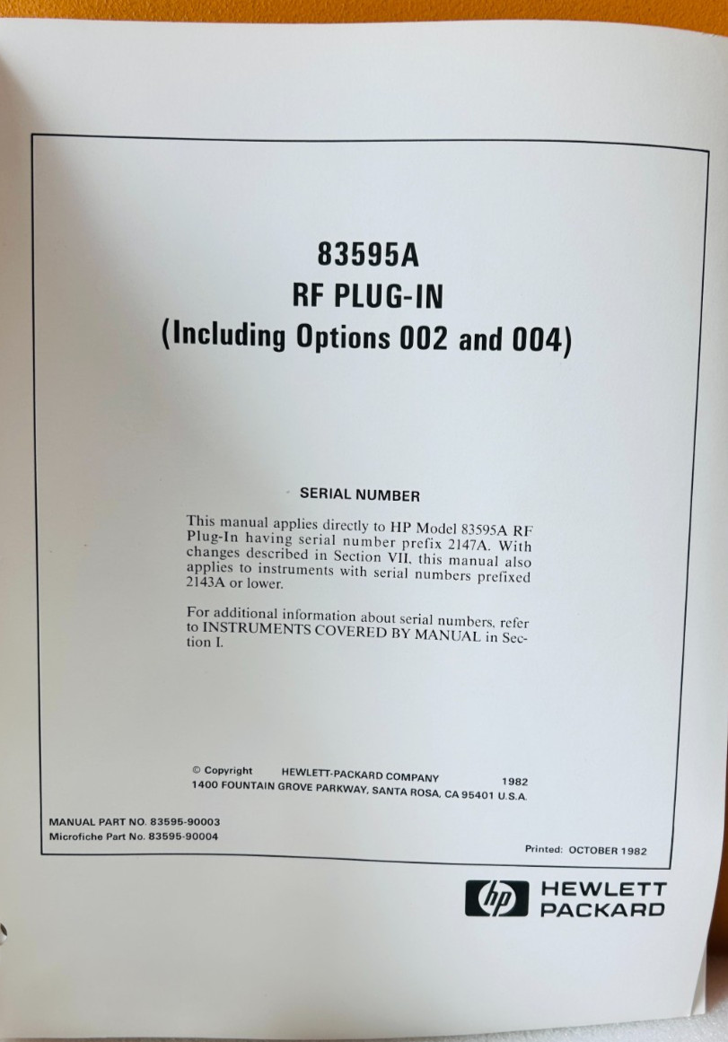 HP 83595-90003 1982 Model 83595A RF Plug-In .01 to 26.5 GHz Service Manual.