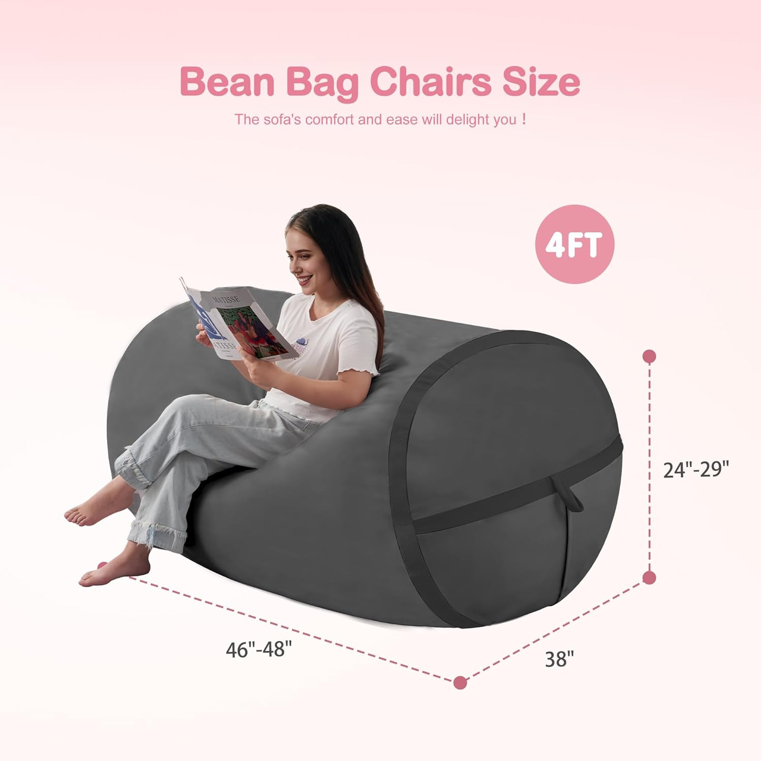 4Ft Bean Bag Chair Giant Bean Bag Chairs for Adults with Memory Foam Filled, ...