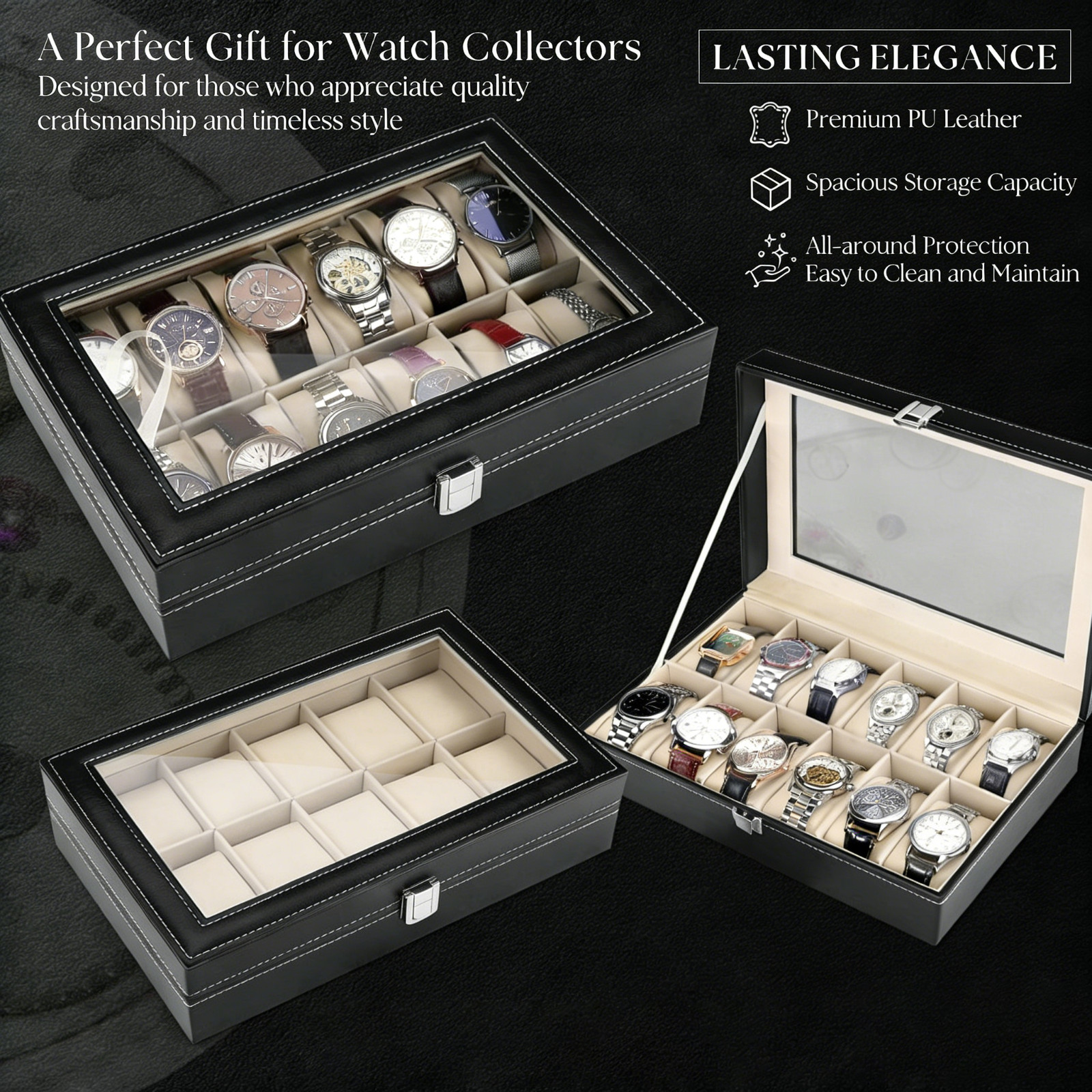 12 Slots PU Leather Wrist Watch Display Box Storage Holder Organizer Case US