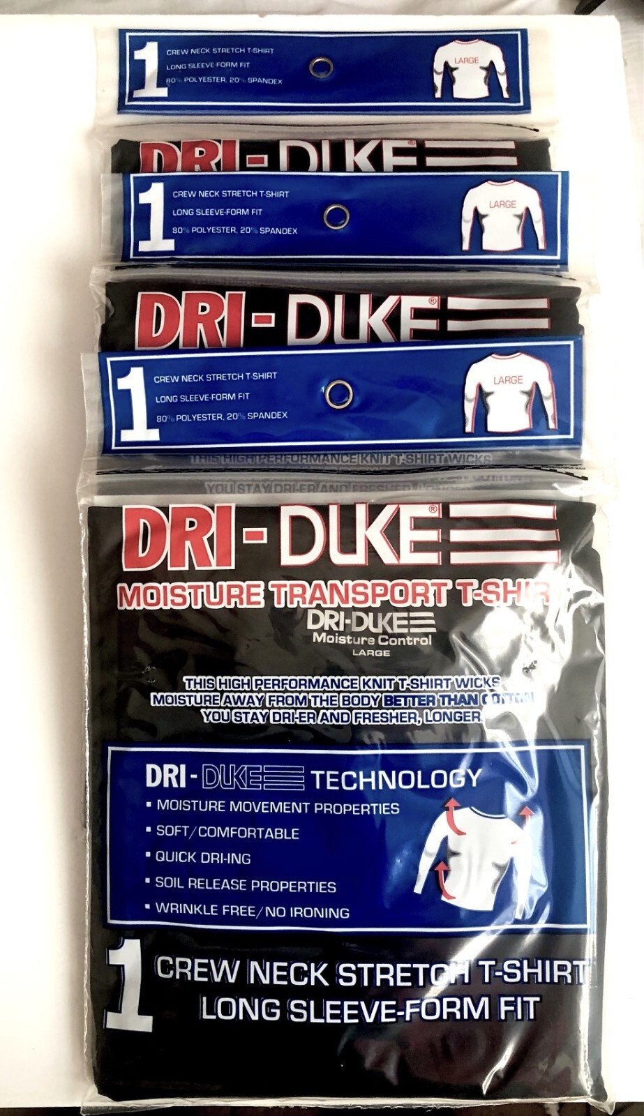 3 Long Sleeve Dri-Duke Moisture Control Men's Shirt DRY FIT * LARGE * NEW USA