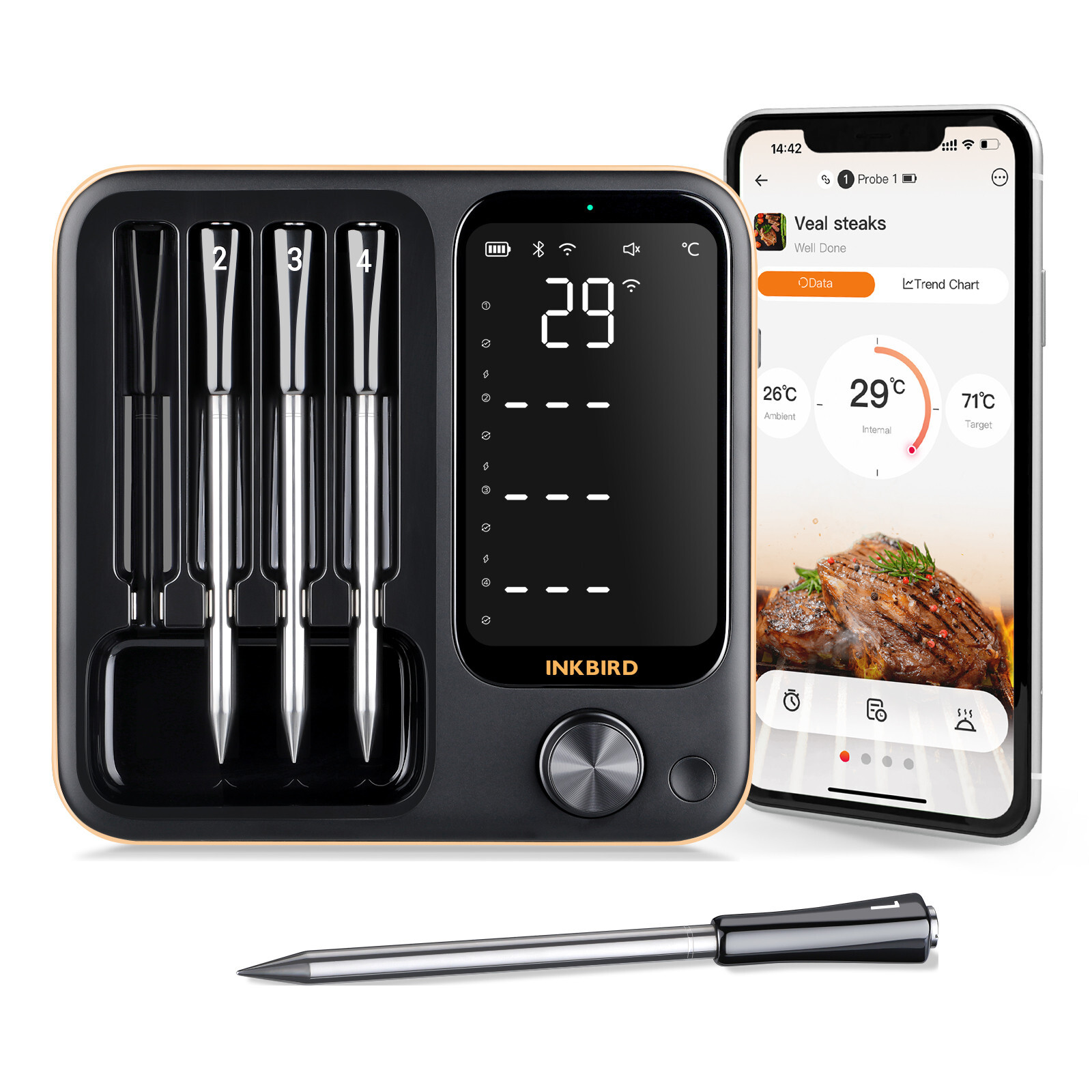 4-Probe Wireless Meat Thermometer Three-Mode WiFi Bluetooth Pre-alarm/Timer BBQ