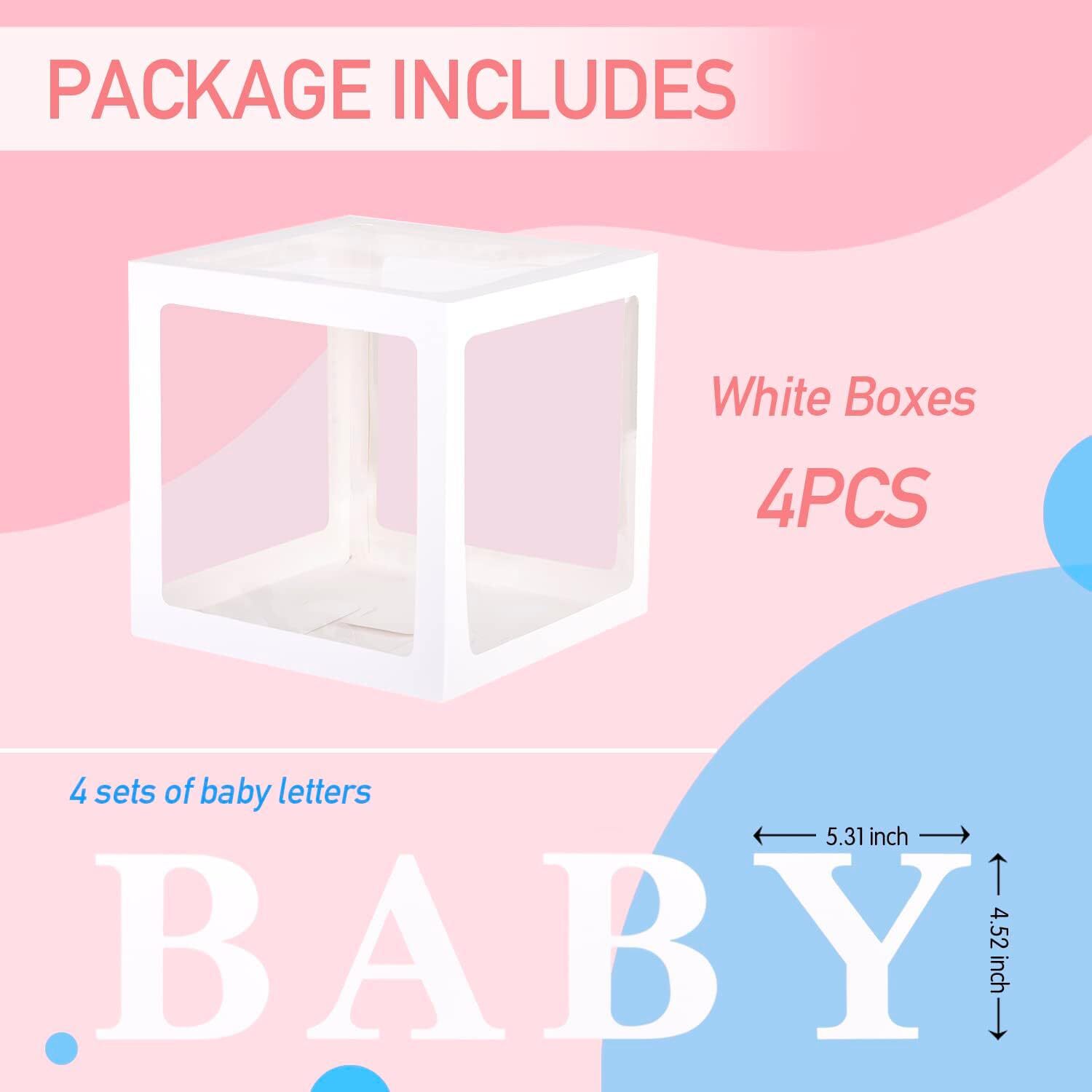 PABUES Baby Boxes with 4 PCS Letters for Baby Shower White Clear Balloon Box ...