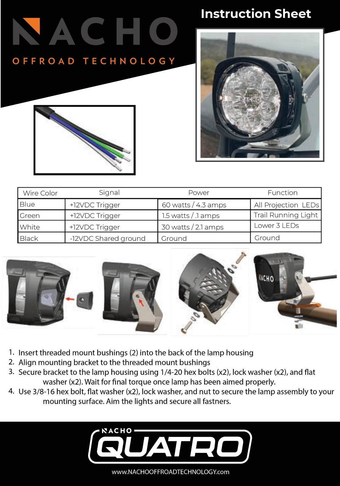 NACHO Quatro Spot 4-inch Offroad LED 120W Fog Lights Pair & Amber/Smoked Covers