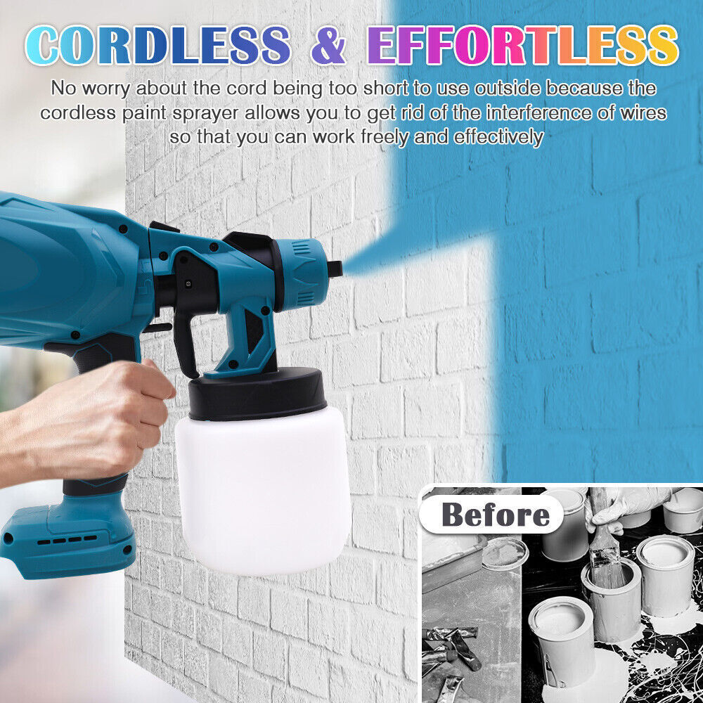 High Pressure Cordless Paint Sprayer Electric Airless HVLP Spray Gun +2 Battery