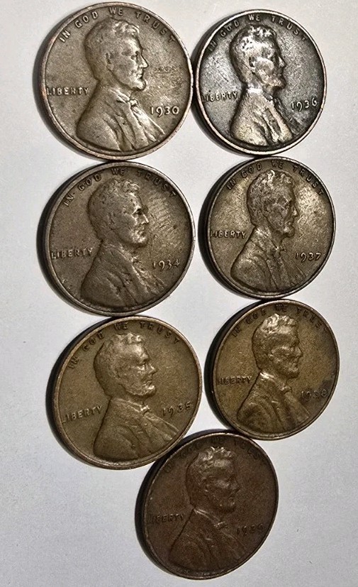 13230394208 SET OF 8 WHEAT PENNIES LINCOLN CENT COINS 1930-1939 PLAIN 86+ YZ OLD
