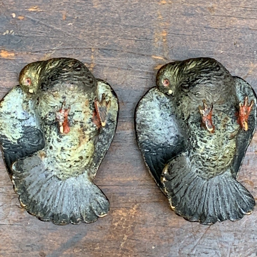2 Lot Antique Vienna Austrian Cold Painted Bronze Pigeon Bird Figurine Preening