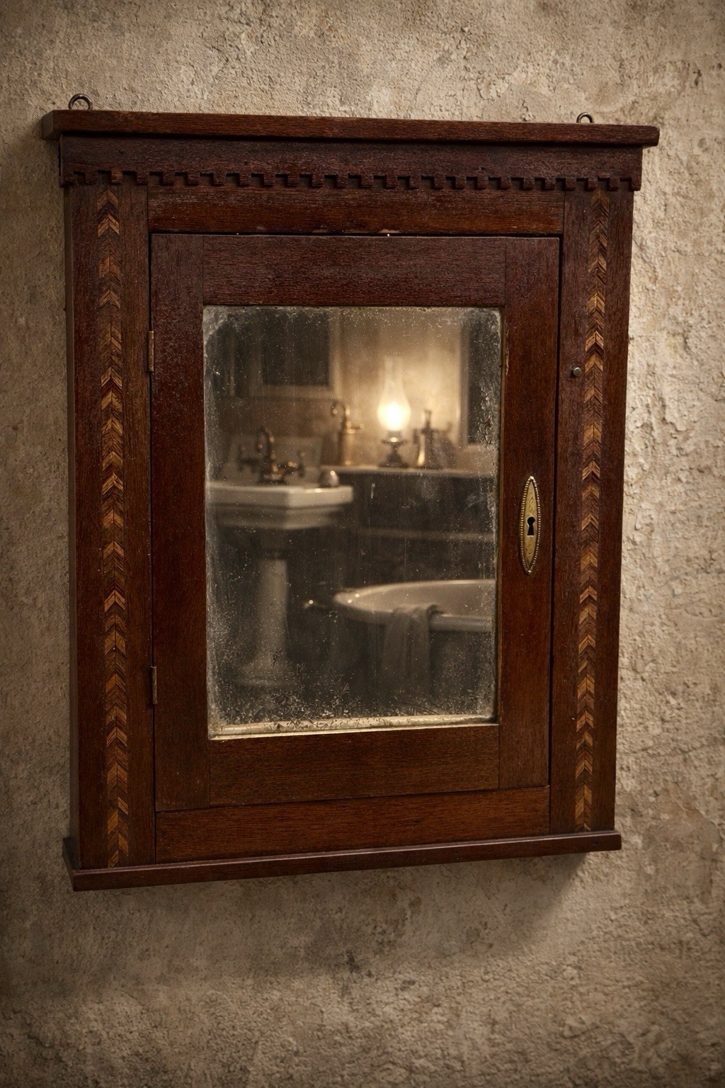 Antique Victorian Medicine Cabinet w/ Inlay Wood Wall Cabinet Original Mirror