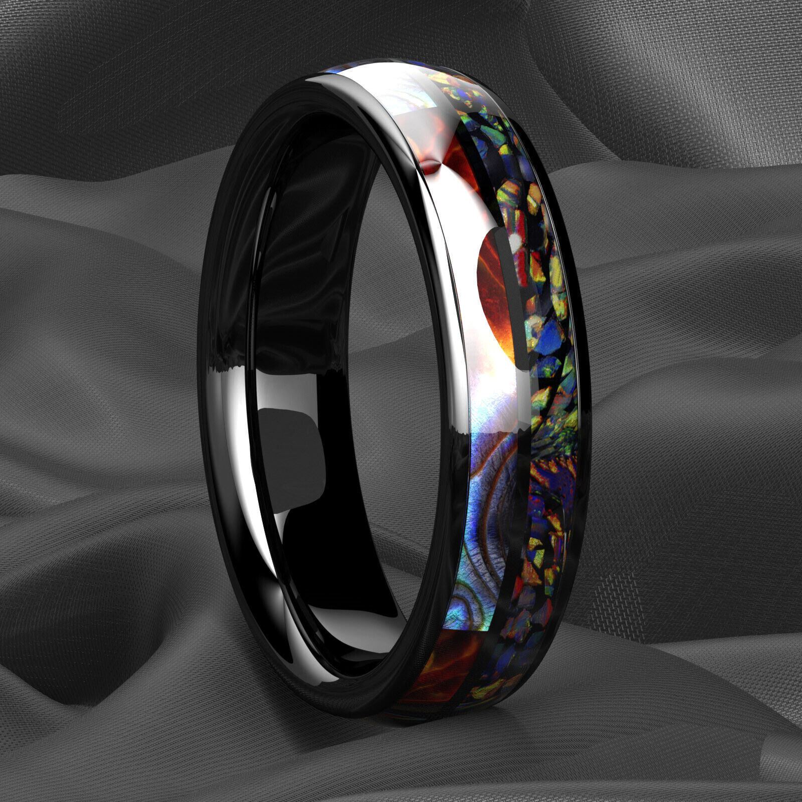 8/6mm Black Tungsten Ring Hawaiian Opal and Abalone Inlay Men ATOP Wedding Band