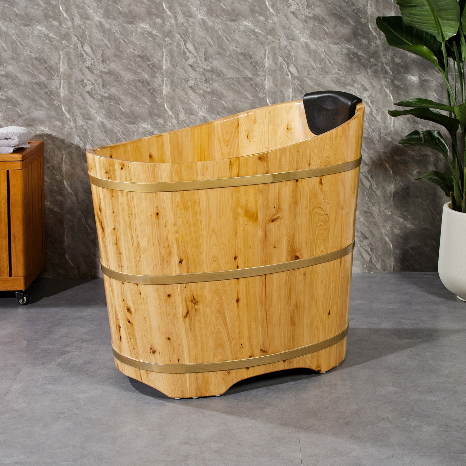 JRYTIN 34” Japanese Soaking Tub, Mobile Freestanding Wood Bath for Small Spaces